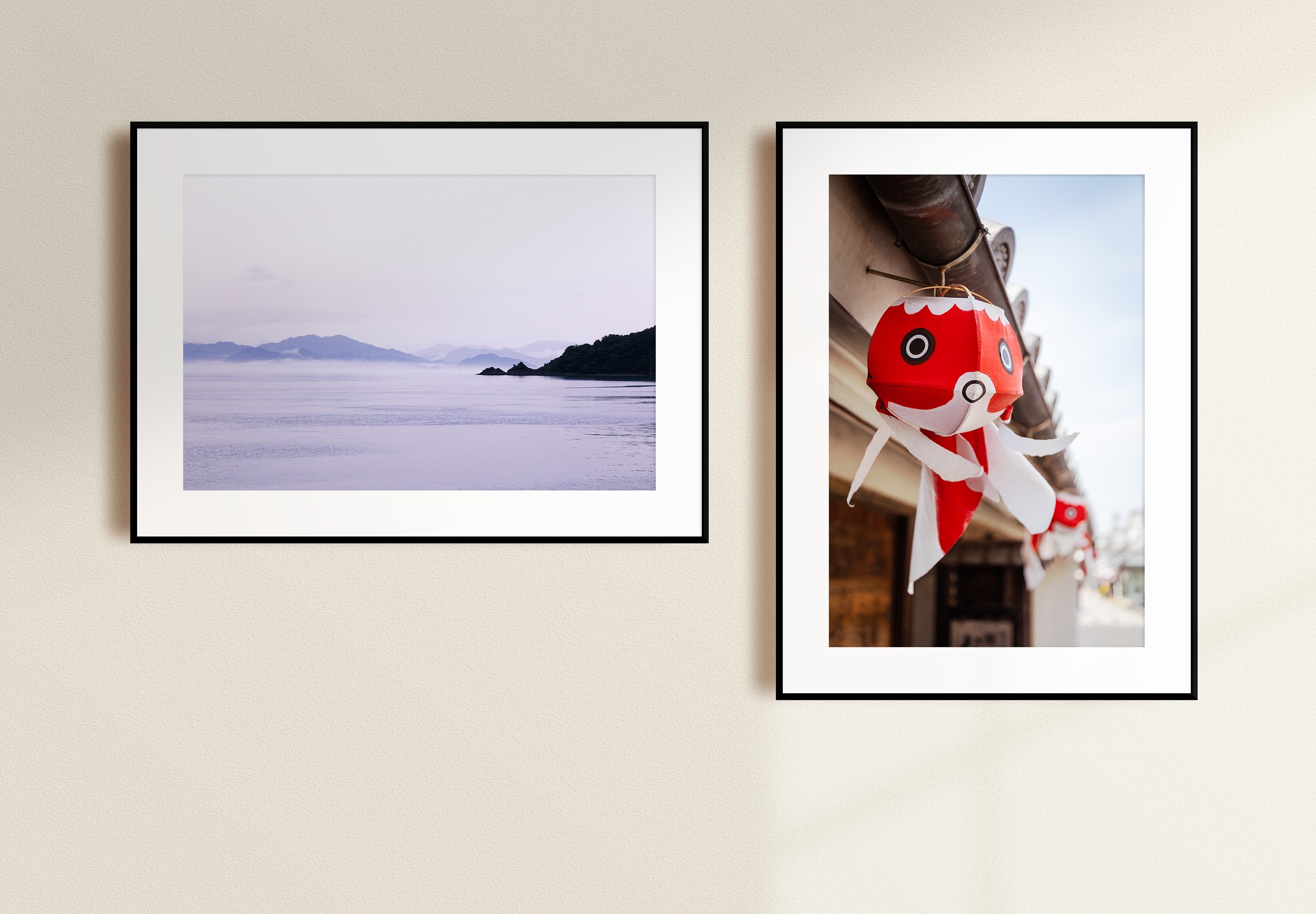 Two mounted fine art photographic prints. Portrait, to the left, showing a cute goldfish paper lantern. Landscape, to the right, showing a lilac washed seascape scene. Both photos from the Chugoku Region in Japan. 
