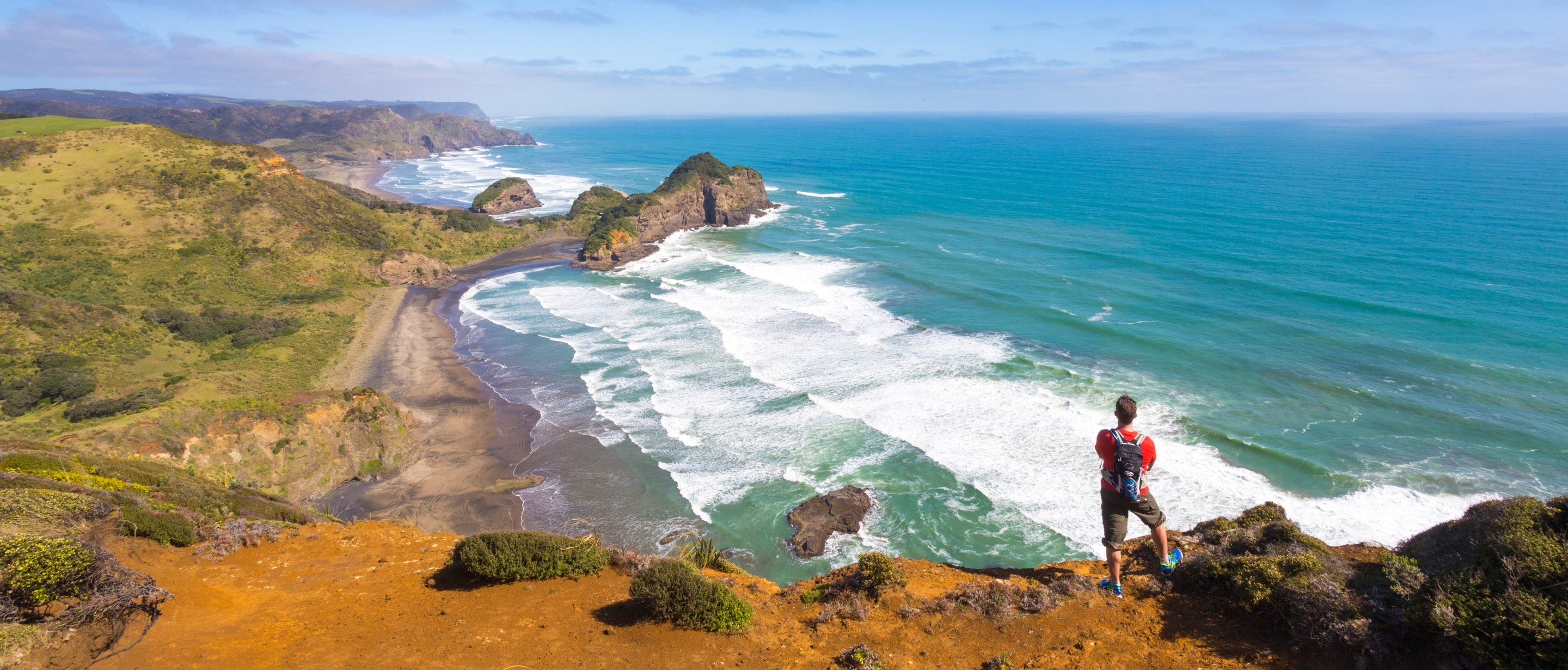 Jake Hopking standing on a clifftop looking out of the Tasman Sea in New Zealand
