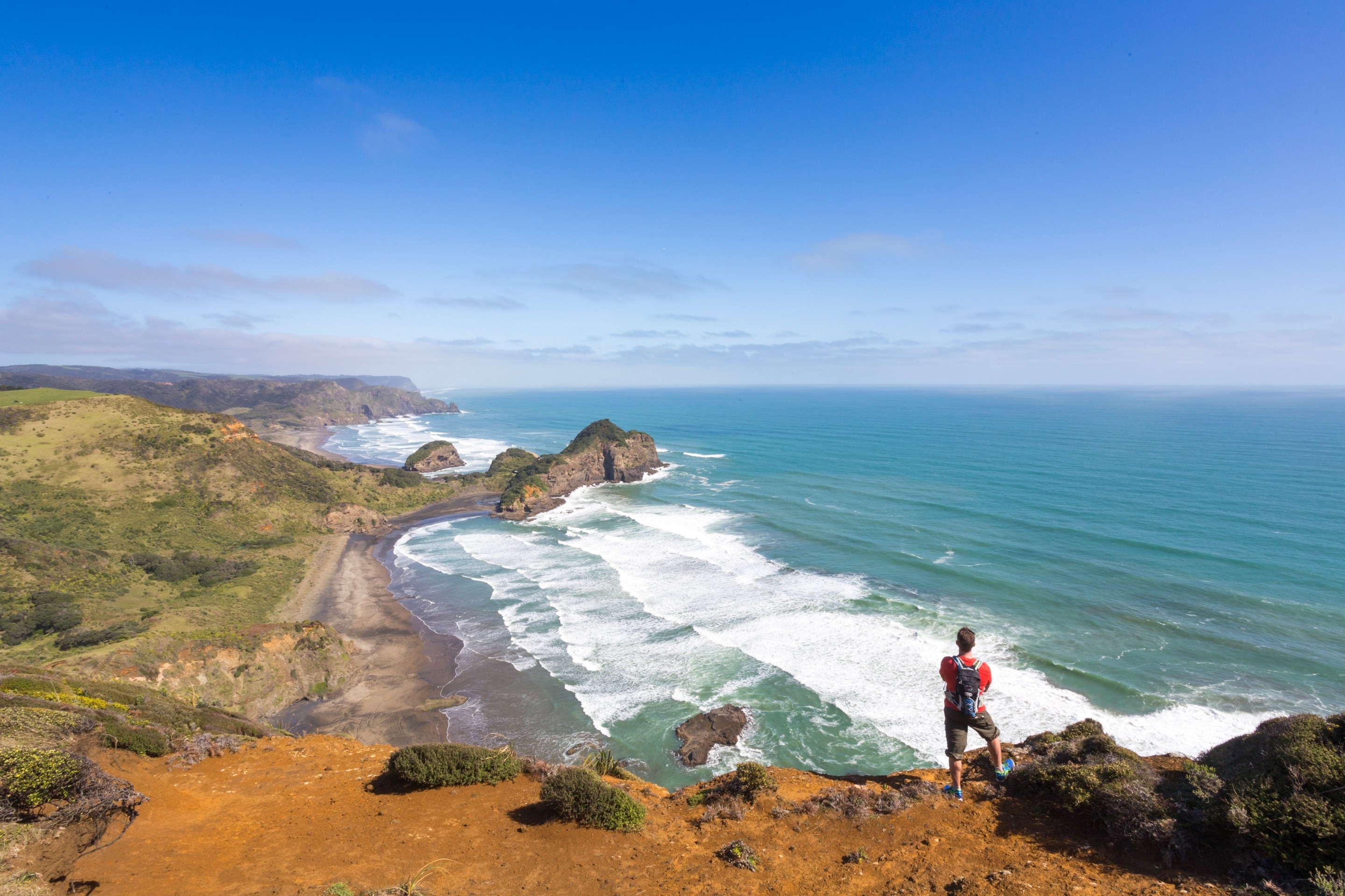 Jake Hopking standing on a clifftop looking out of the Tasman Sea in New Zealand