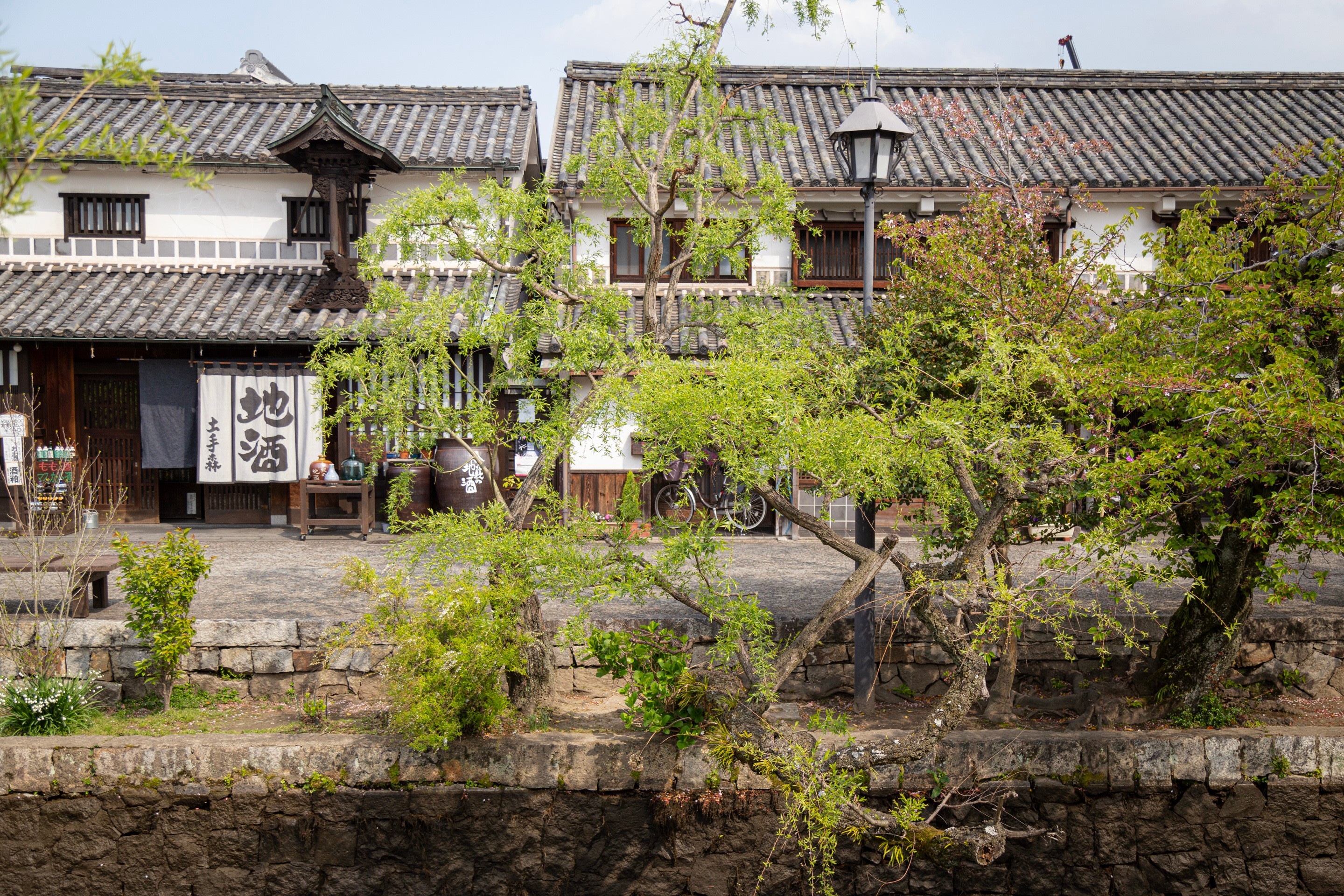 Stone canal lined with willow trees, through which can be seen traditional merchant shops, residential buildings and a bicycling in a doorway — Kurashiki Town, Okayama Prefecture, Japan