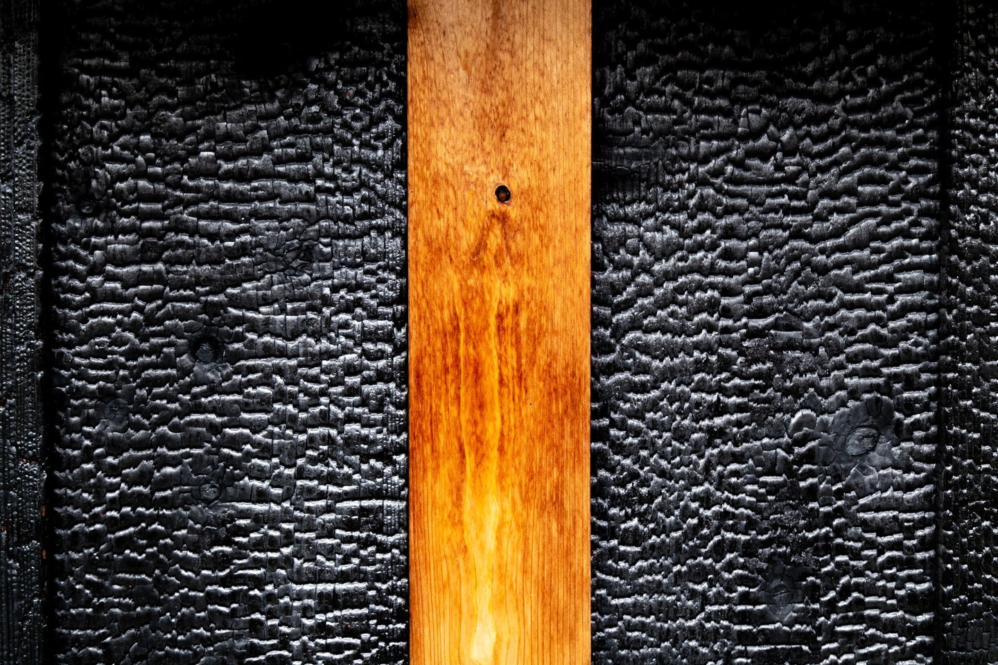 A detailed shot of a panel of yakisugi, or charred cedar wood, with a central un-charred orange coloured column of oiled cedar wood, creating a striking contrast — Kurashiki Town, Okayama Prefecture, Japan