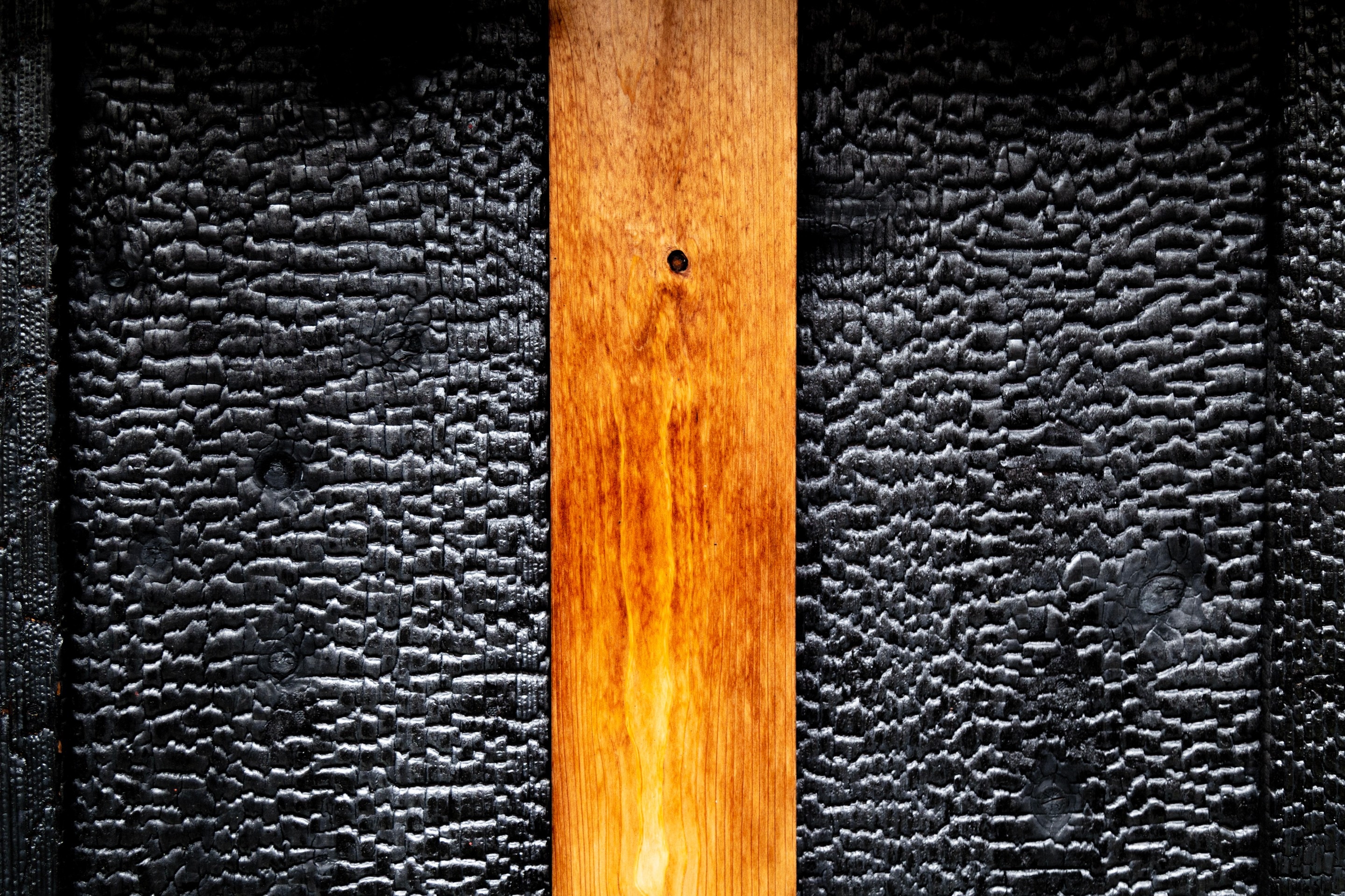 A detailed shot of a panel of yakisugi, or charred cedar wood, with a central un-charred orange coloured column of oiled cedar wood, creating a striking contrast — Kurashiki Town, Okayama Prefecture, Japan
