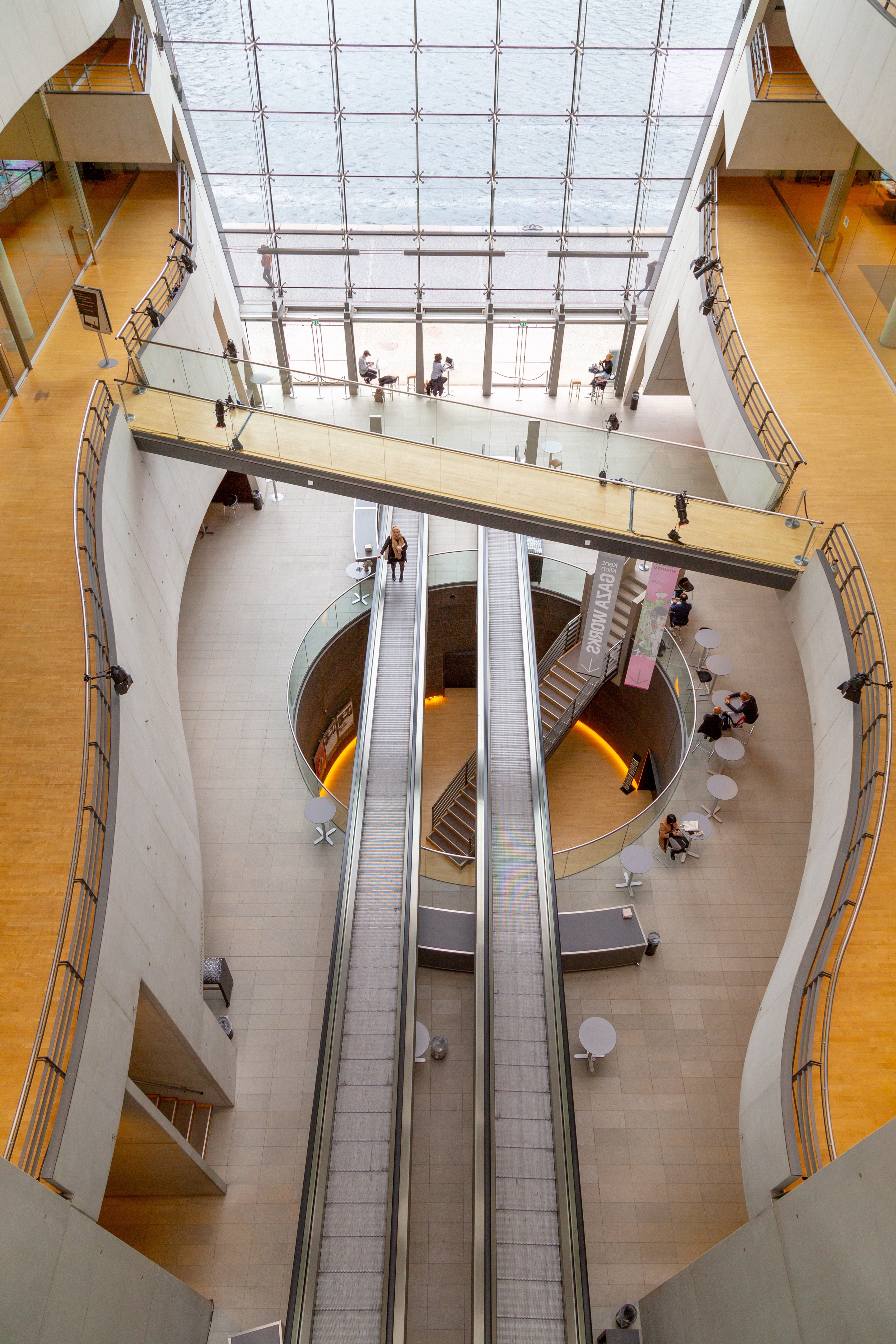 Looking down onto the atrium of the Black Diamond, or the Royal Danish Library's architectural extension. Copenhagen, Denmark.