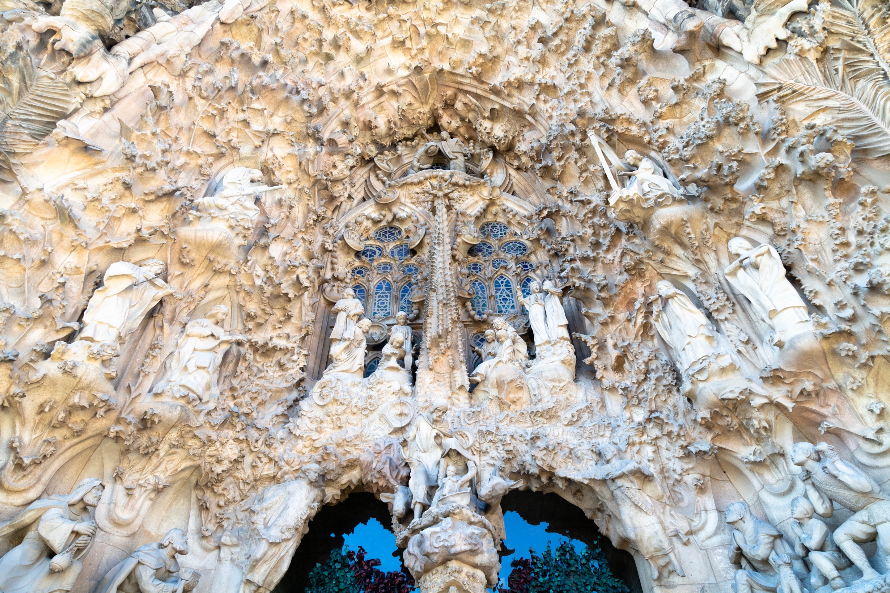A close-up of the Nativity Facade entrance on La Sagrada Familia