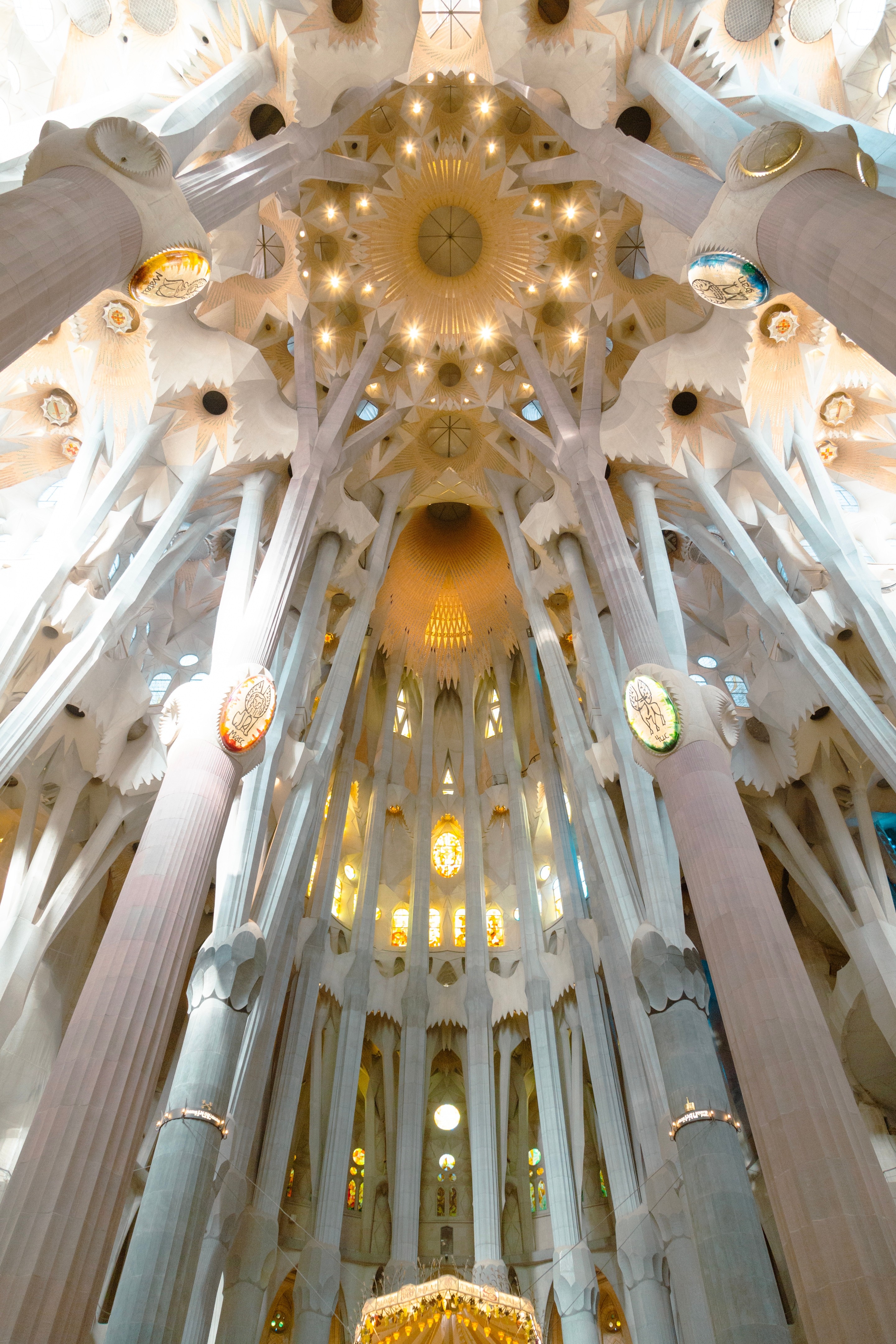 Showing the interior roof and huge columns rising up to meet it. La Sagrada Familia.