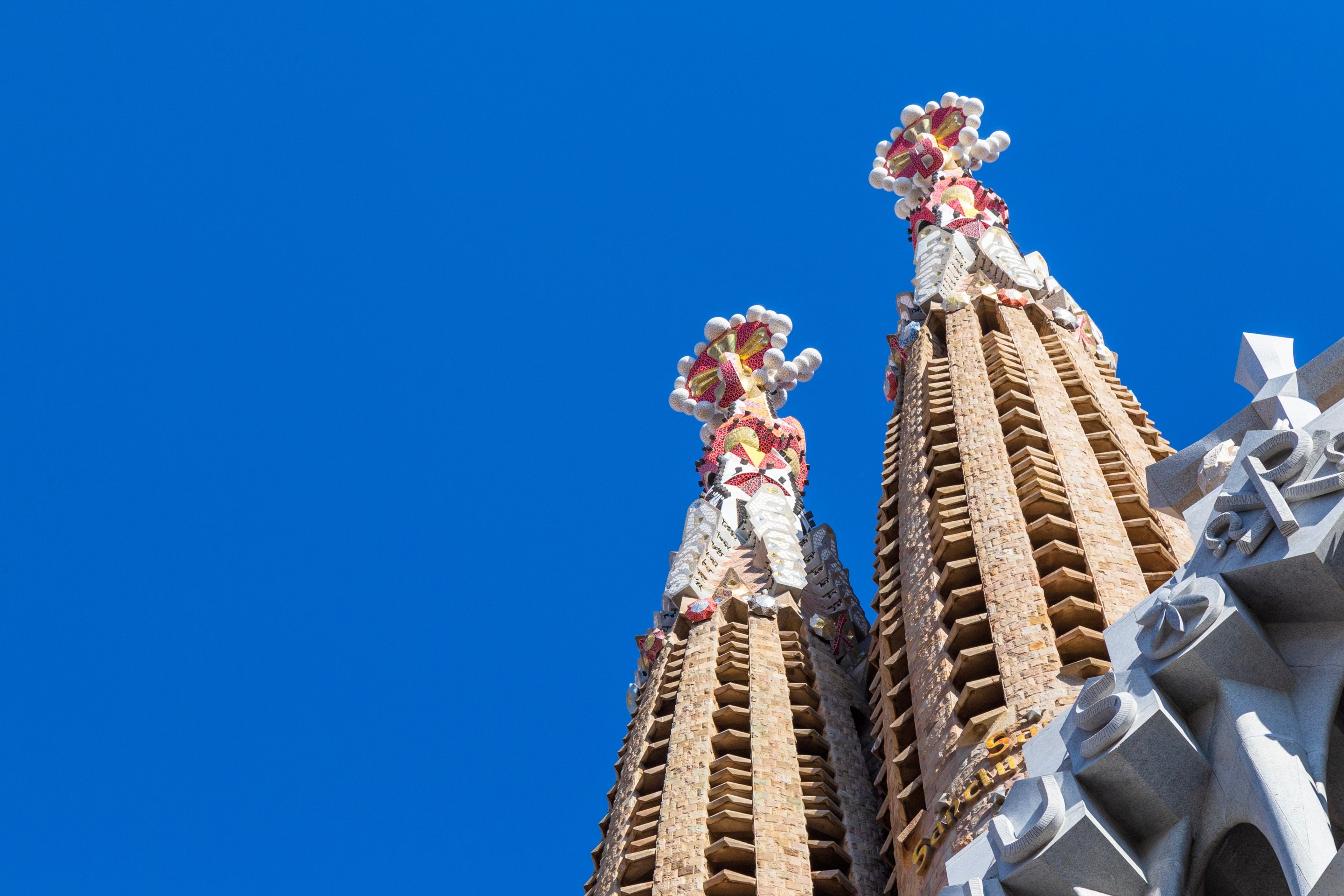 Close-up of the towers above the Passion Facade entrance of La Sagrada Familia