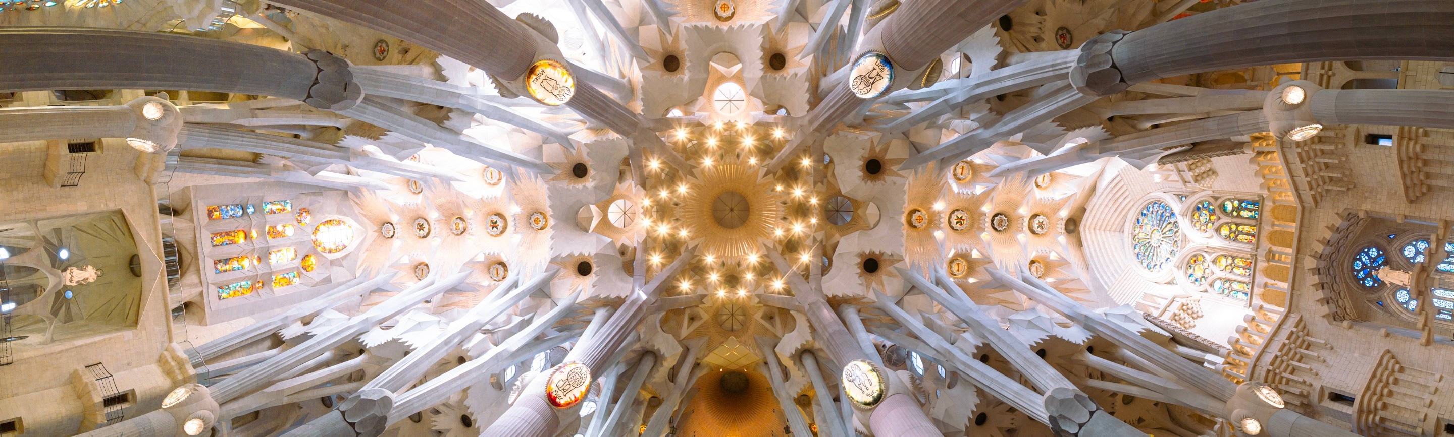 A panoramic shot of La Sagrada Familia's intricate roof.
