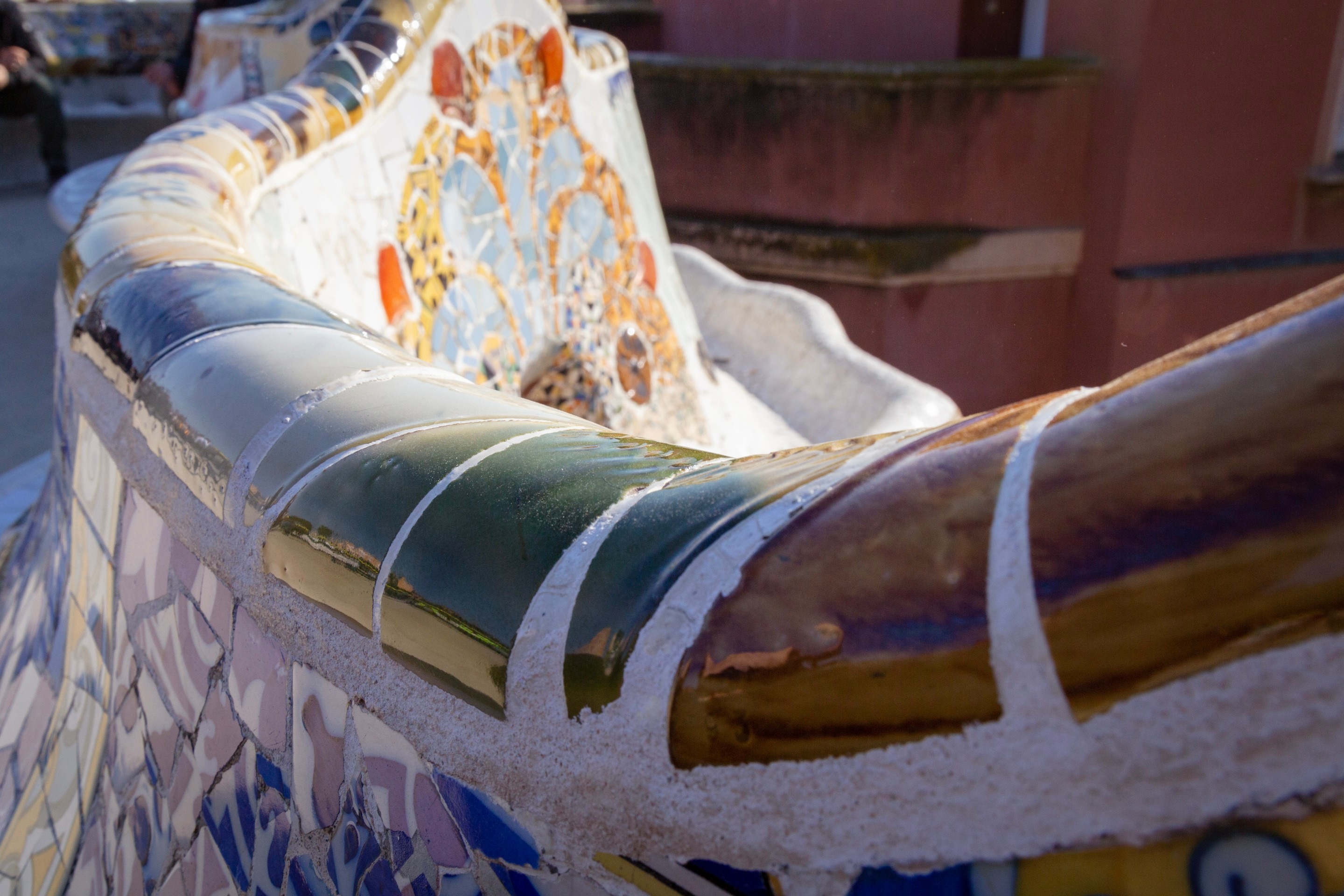 Tiled backrest of long bench at Parc Guell, Barcelona.