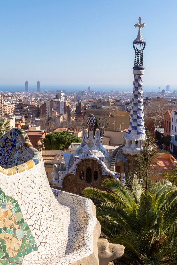Tiled entrance tower at Parc Guell, Barcelona.