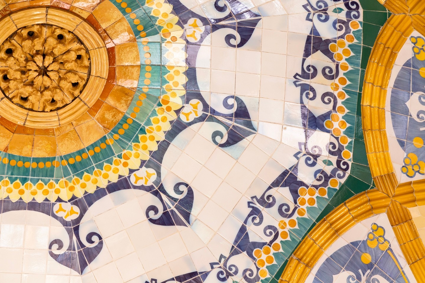 Intricate tiled dome roof at The Hospital de la Santa Creu i Sant Pau, Barcelona.