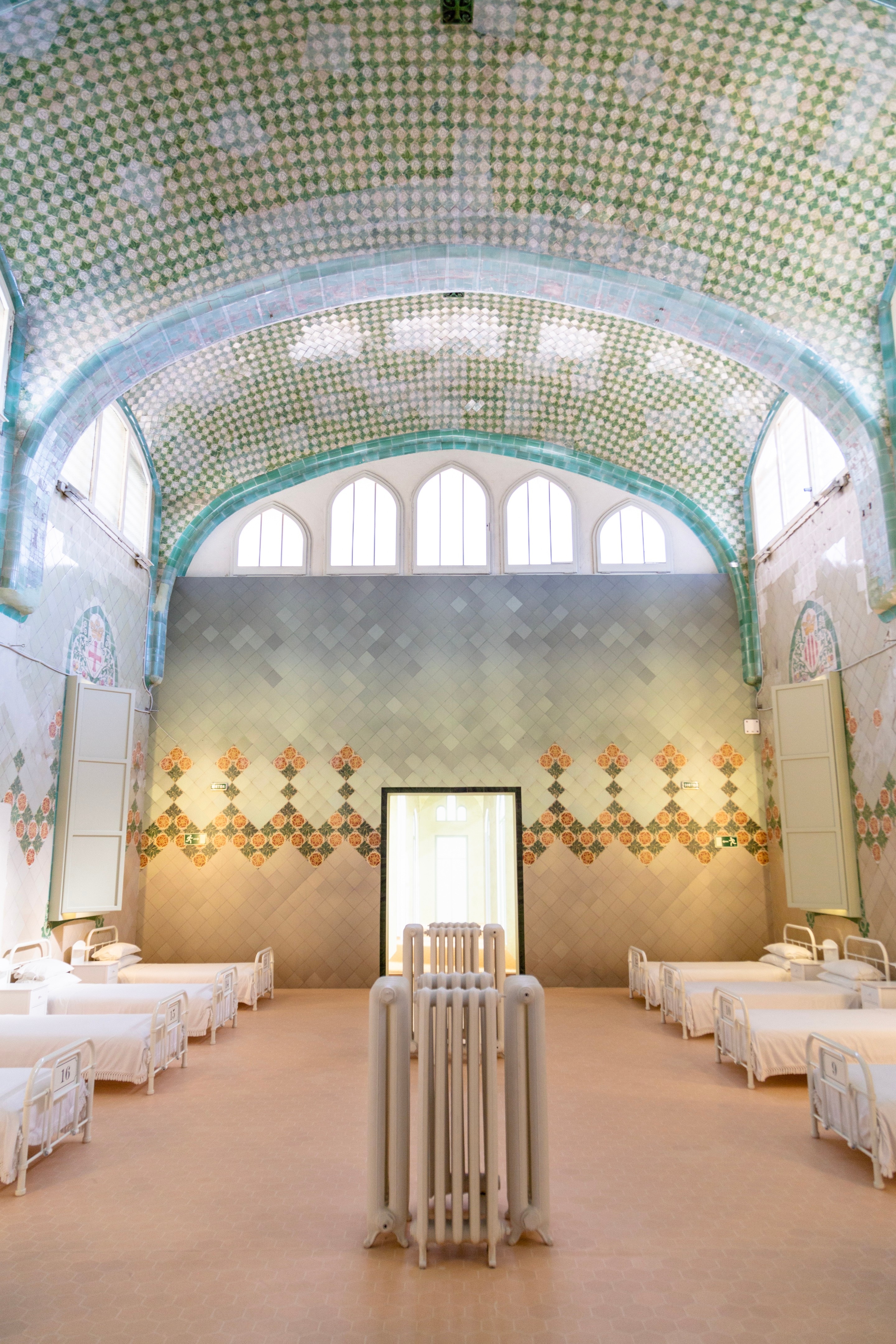 Intricate tiled patient wards at The Hospital de la Santa Creu i Sant Pau, Barcelona.