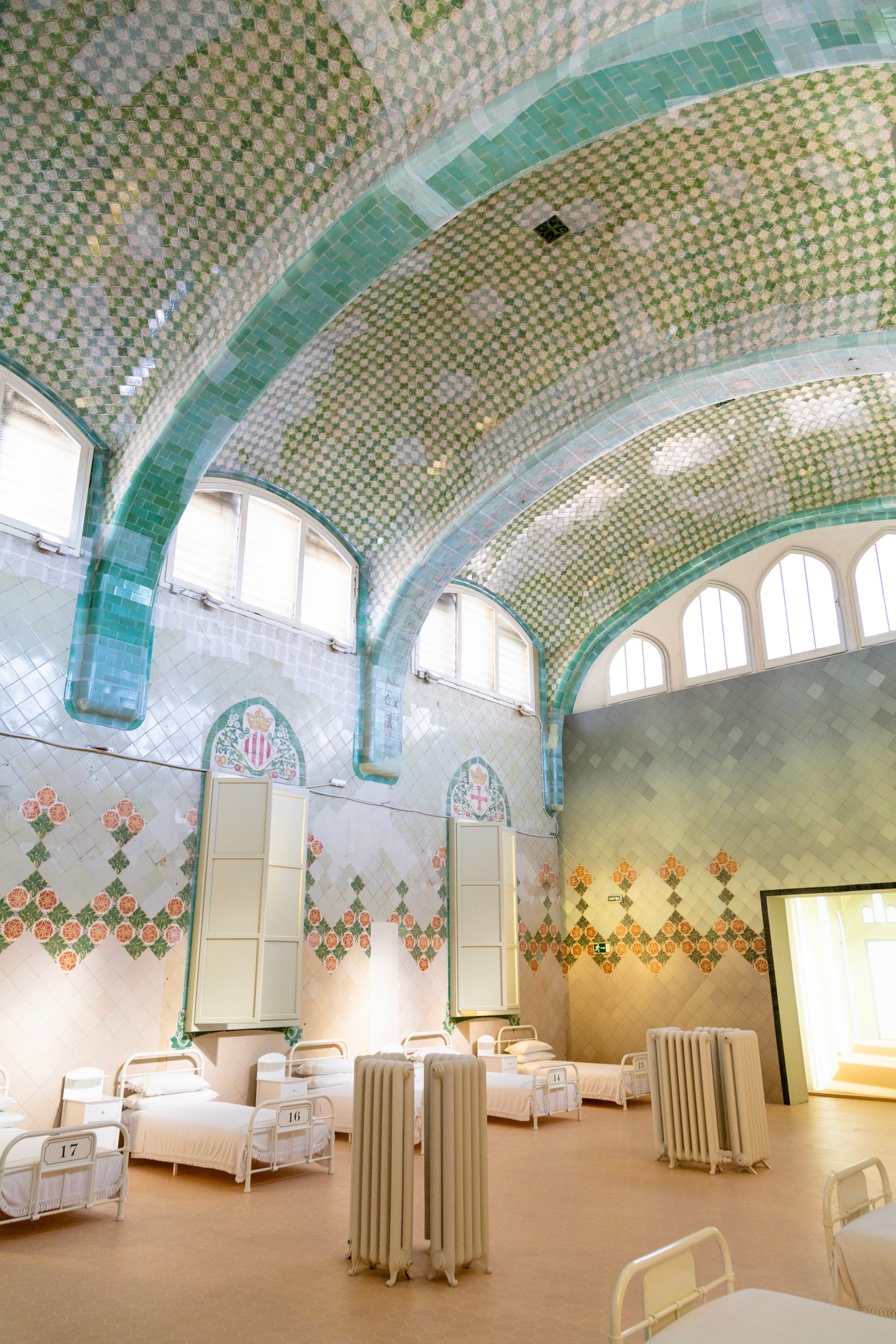Intricate tiled patient wards at The Hospital de la Santa Creu i Sant Pau, Barcelona.