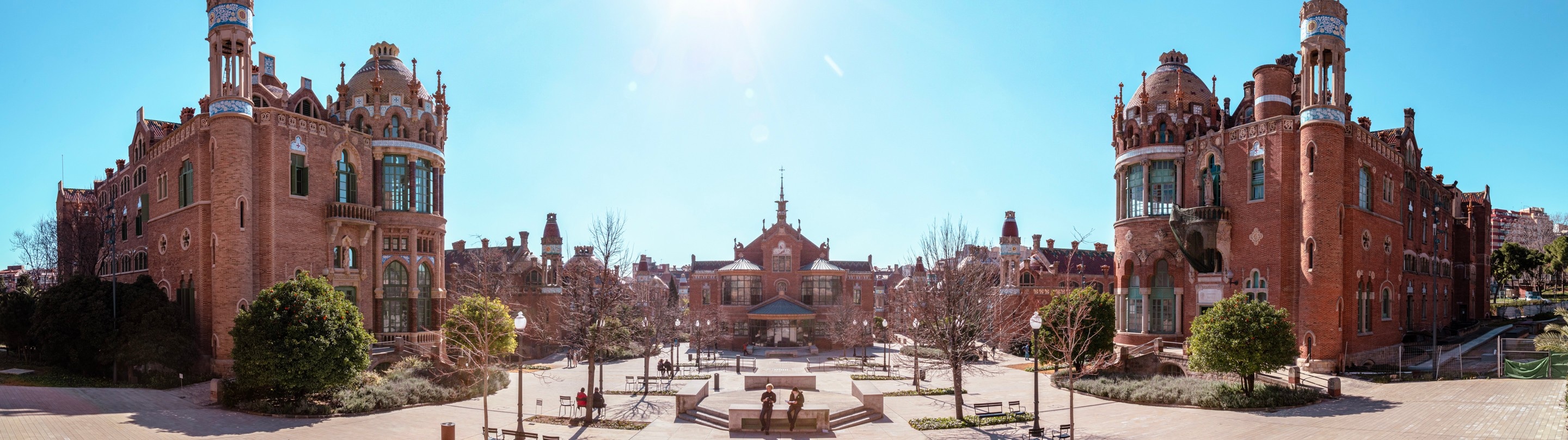 Panorama of the courtyard at The Hospital de la Santa Creu i Sant Pau, Barcelona.