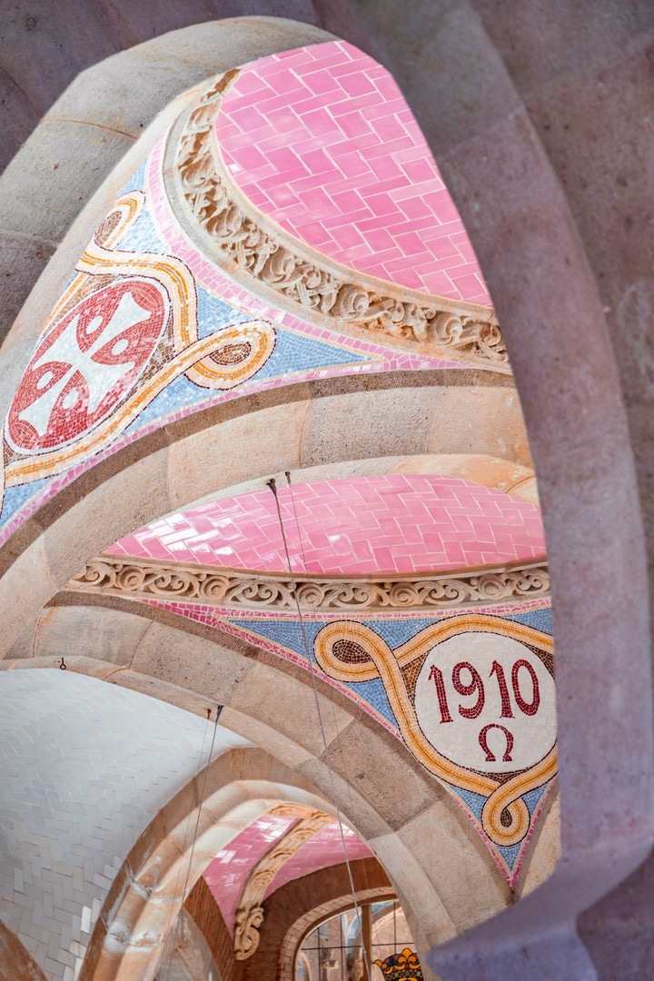 Intricate pink tiled dome roofs at The Hospital de la Santa Creu i Sant Pau, Barcelona.