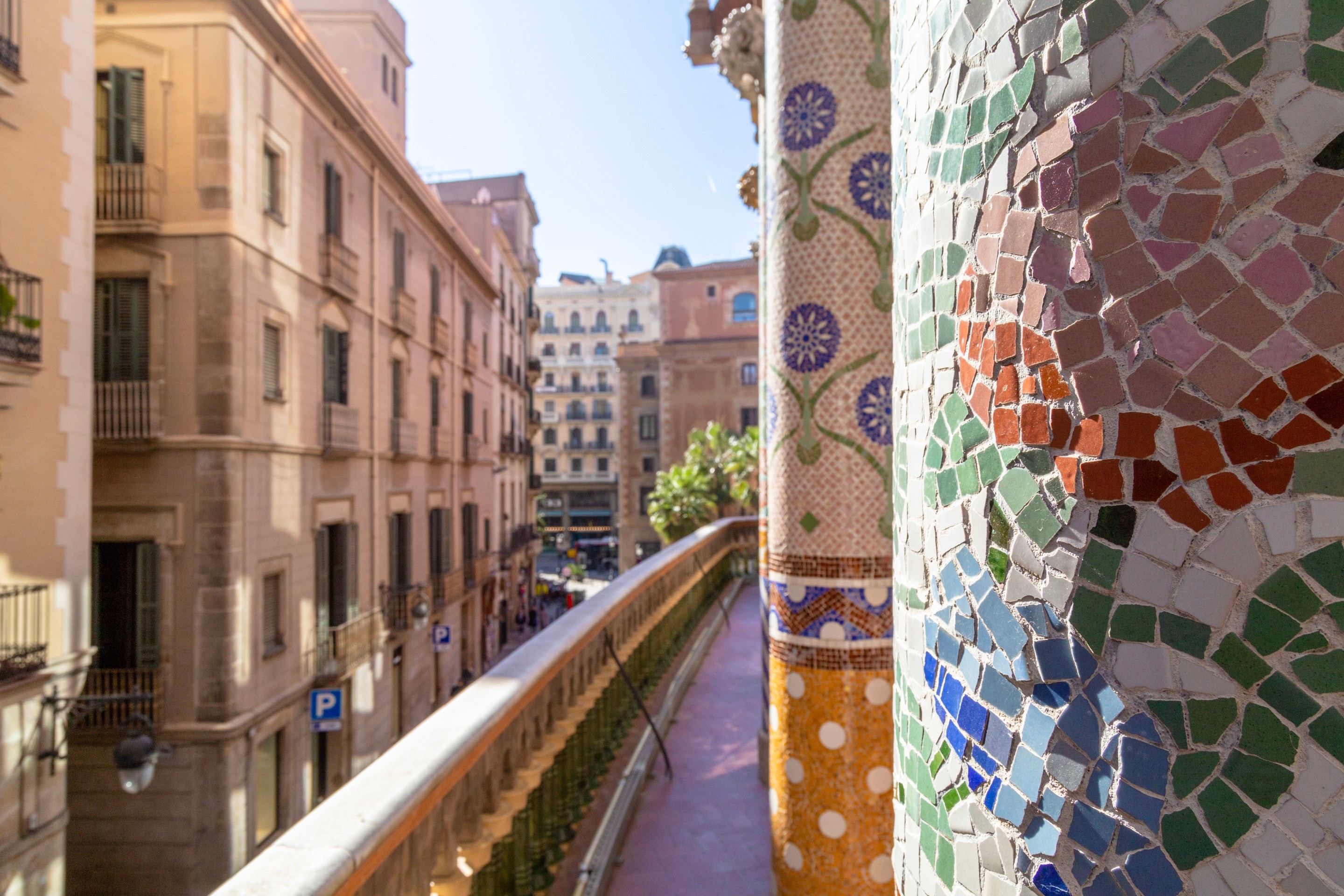 Tiled mosaic pillars at Palau de la Música Catalana, Barcelona.