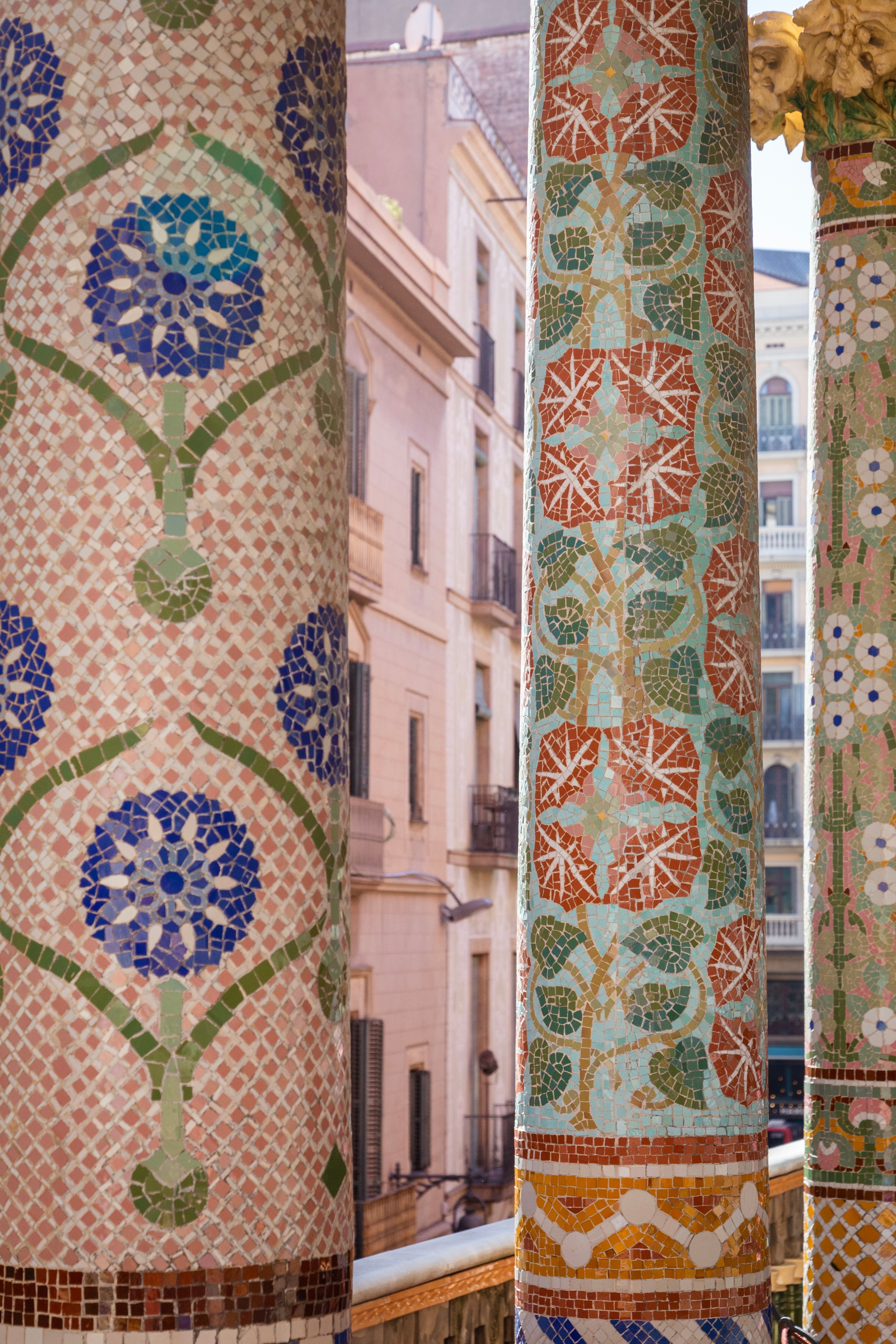Tiled mosaic pillars at Palau de la Música Catalana, Barcelona.