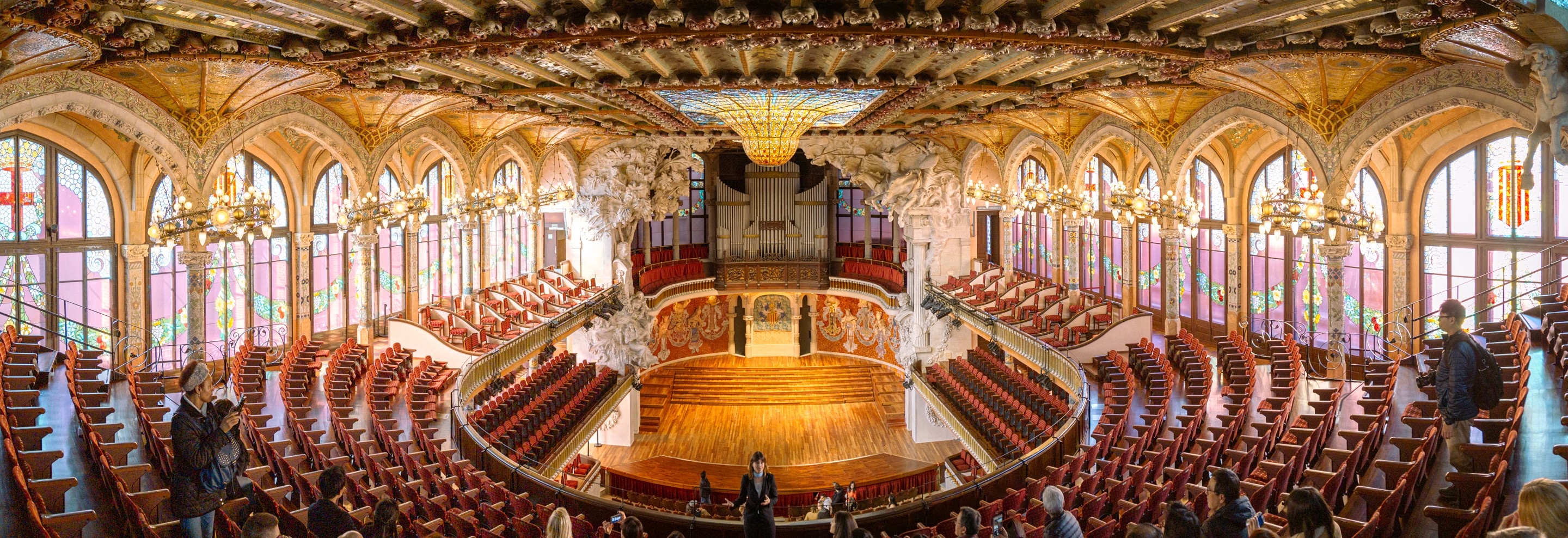 Panorama of the theatre with stained glass dome at Palau de la Música Catalana, Barcelona.