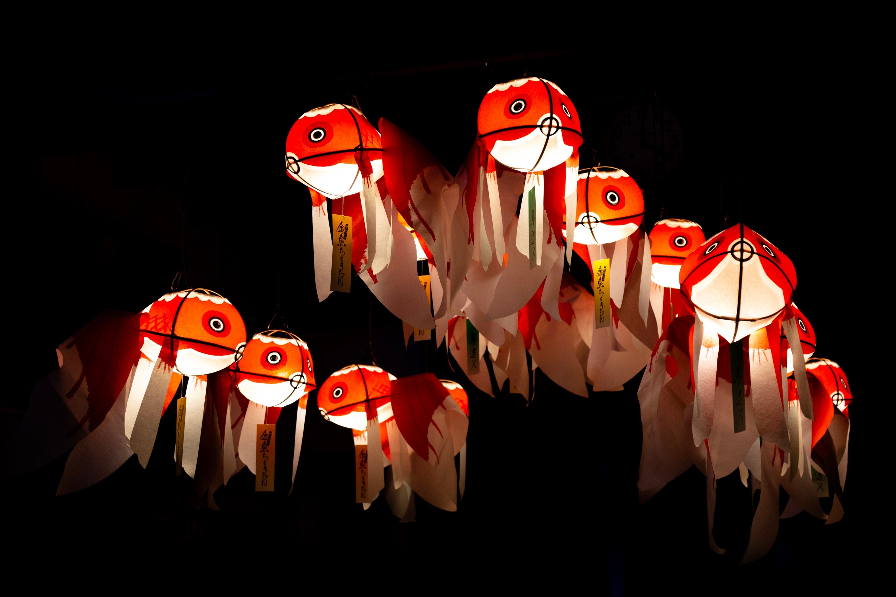 Over a dozen illuminated paper goldfish lantern suspended in the air against a black background — Yanai, Yamaguchi Prefecture, Japan