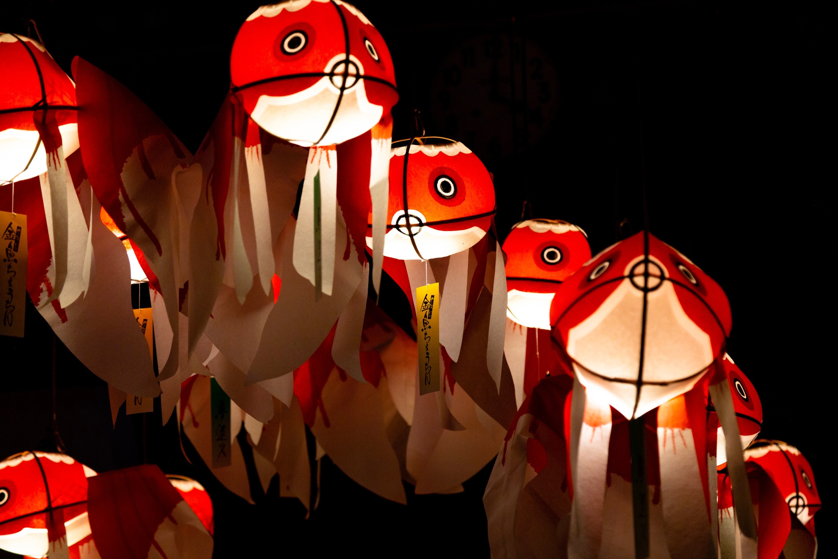 Over half a dozen illuminated paper goldfish lantern suspended in the air against a black background — Yanai, Yamaguchi Prefecture, Japan