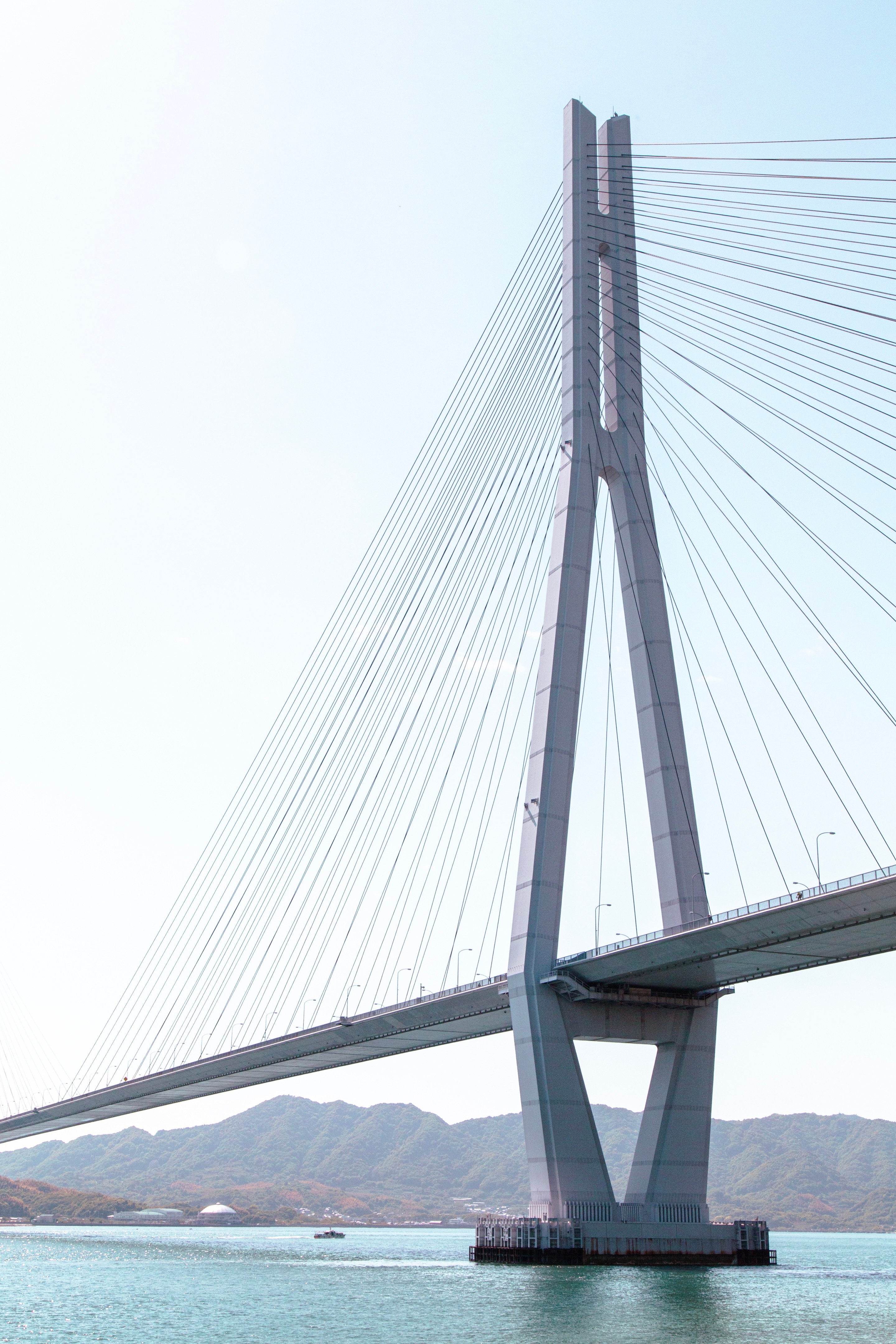 A portrait shot of one of the cable support columns from the The Tatara cable-stayed bridge — Geiyo Islands, Hiroshima Prefecture.