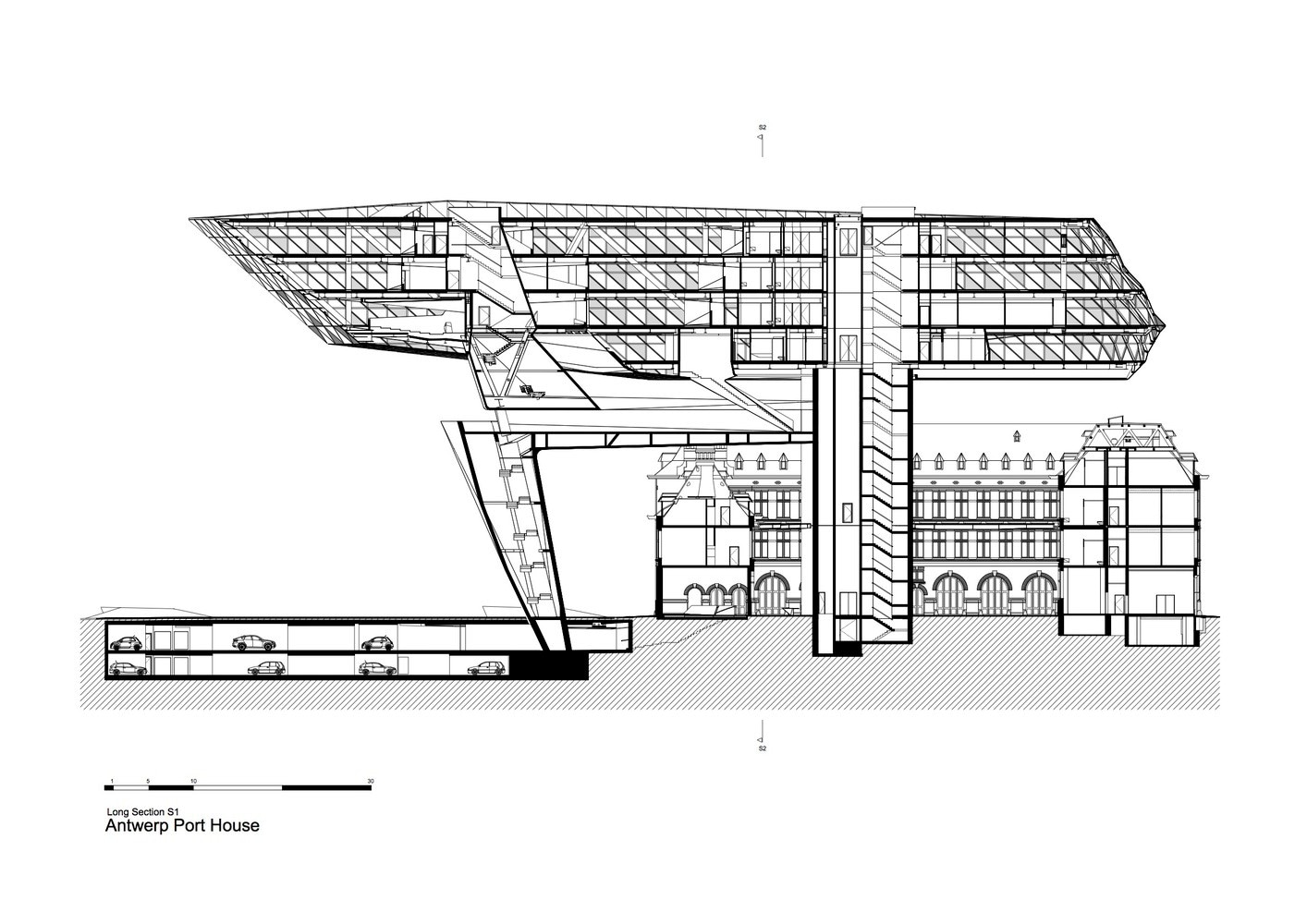Antwerp Port House Plans — Long Section S1 — © Zaha Hadid Associates