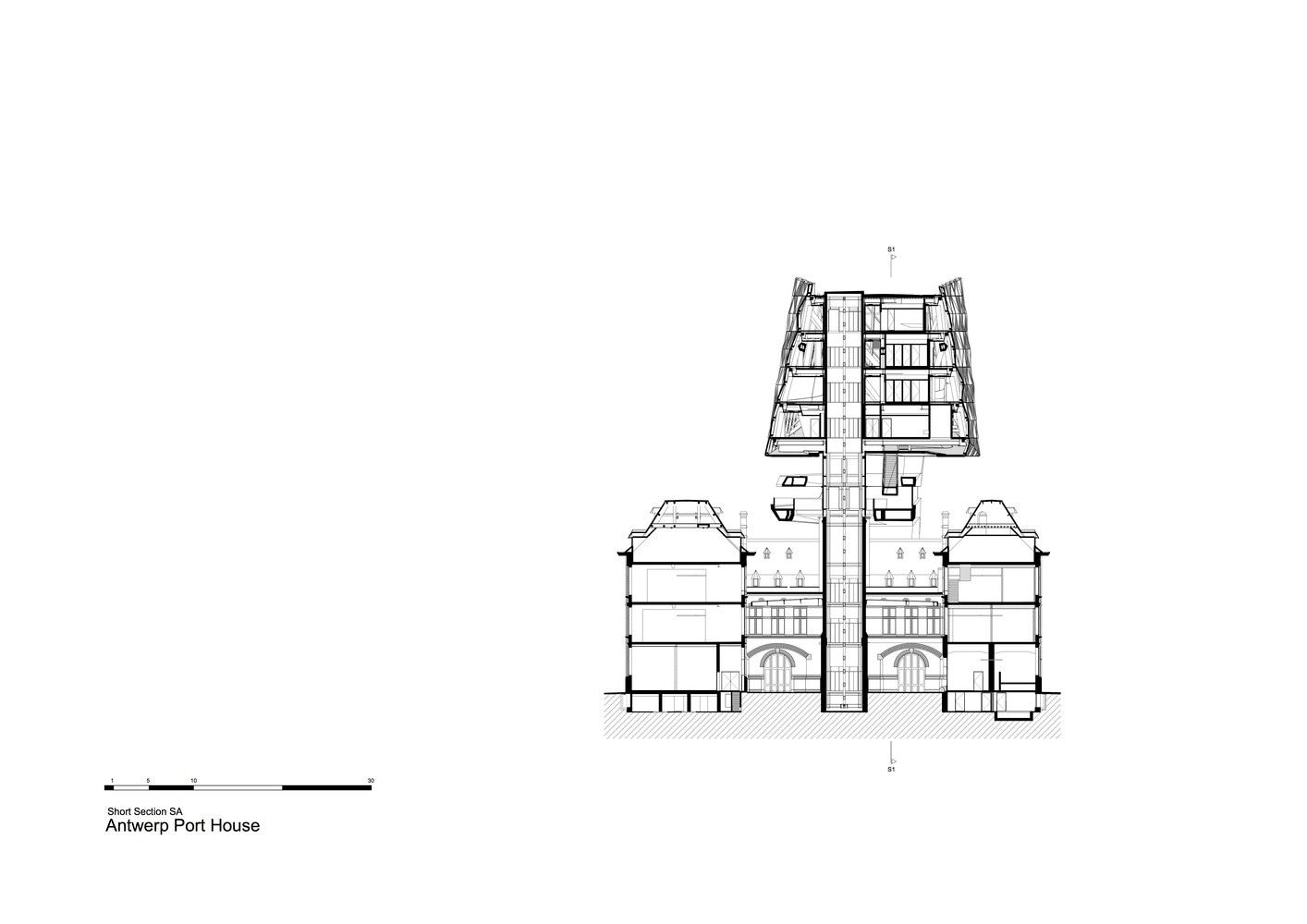 Antwerp Port House Plans — Short Section SA — © Zaha Hadid Associates