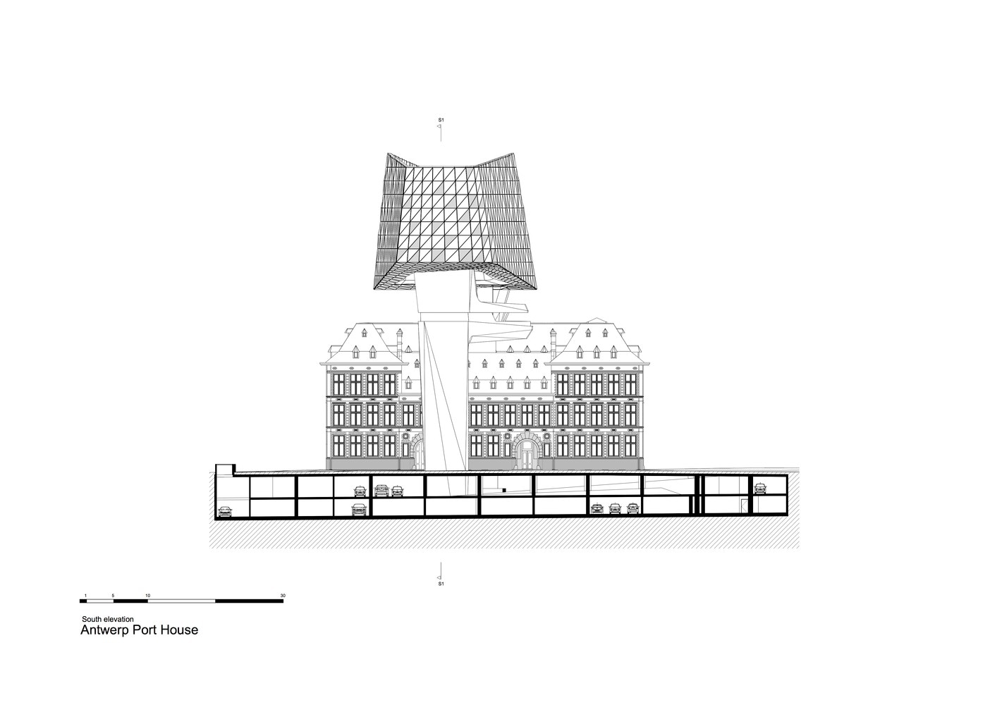 Antwerp Port House Plans — South Elevation — © Zaha Hadid Associates