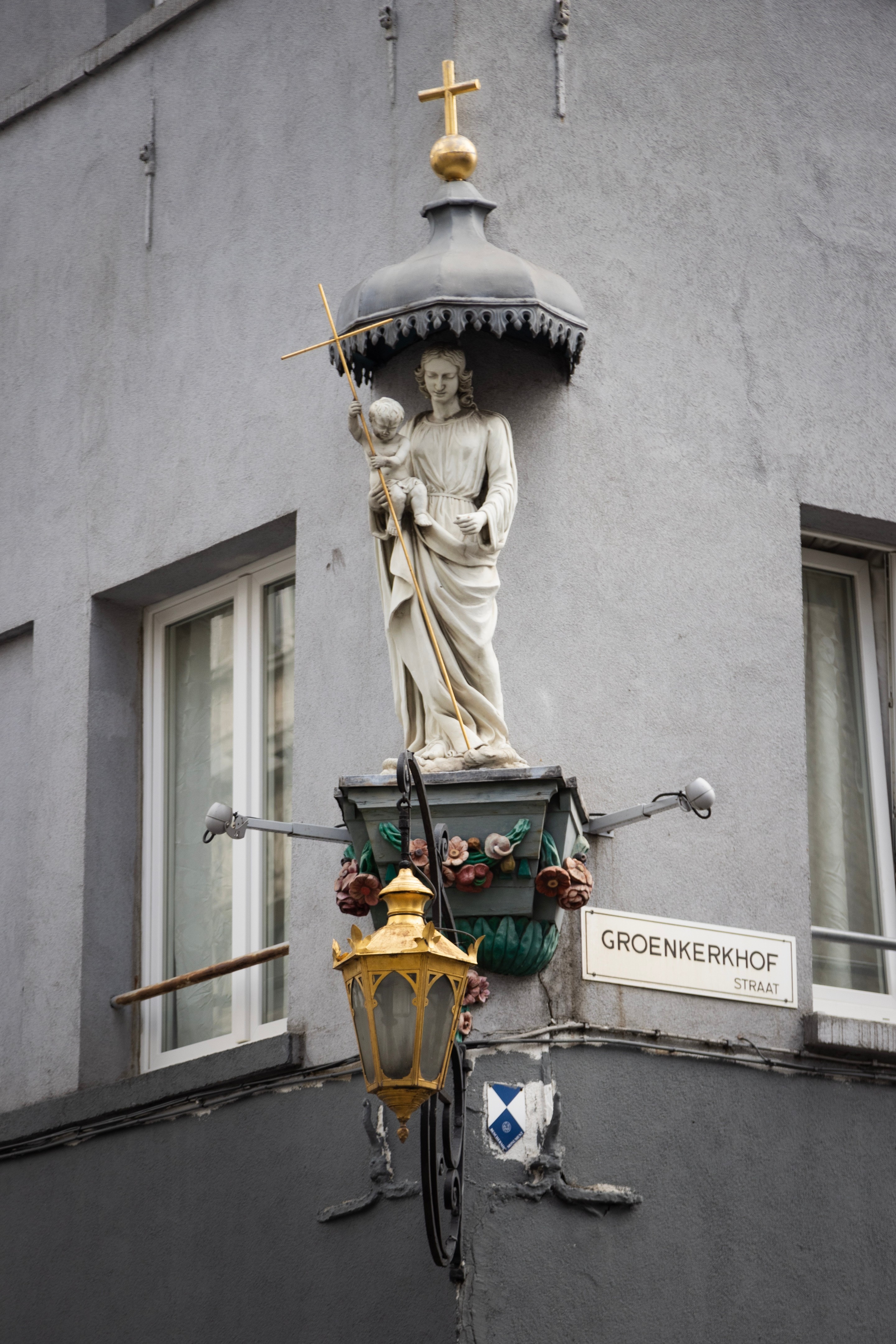One of the many 'Corner Marys' — statues that decorate the corners of many of the building in and around the centre of Antwerp City, Belgium