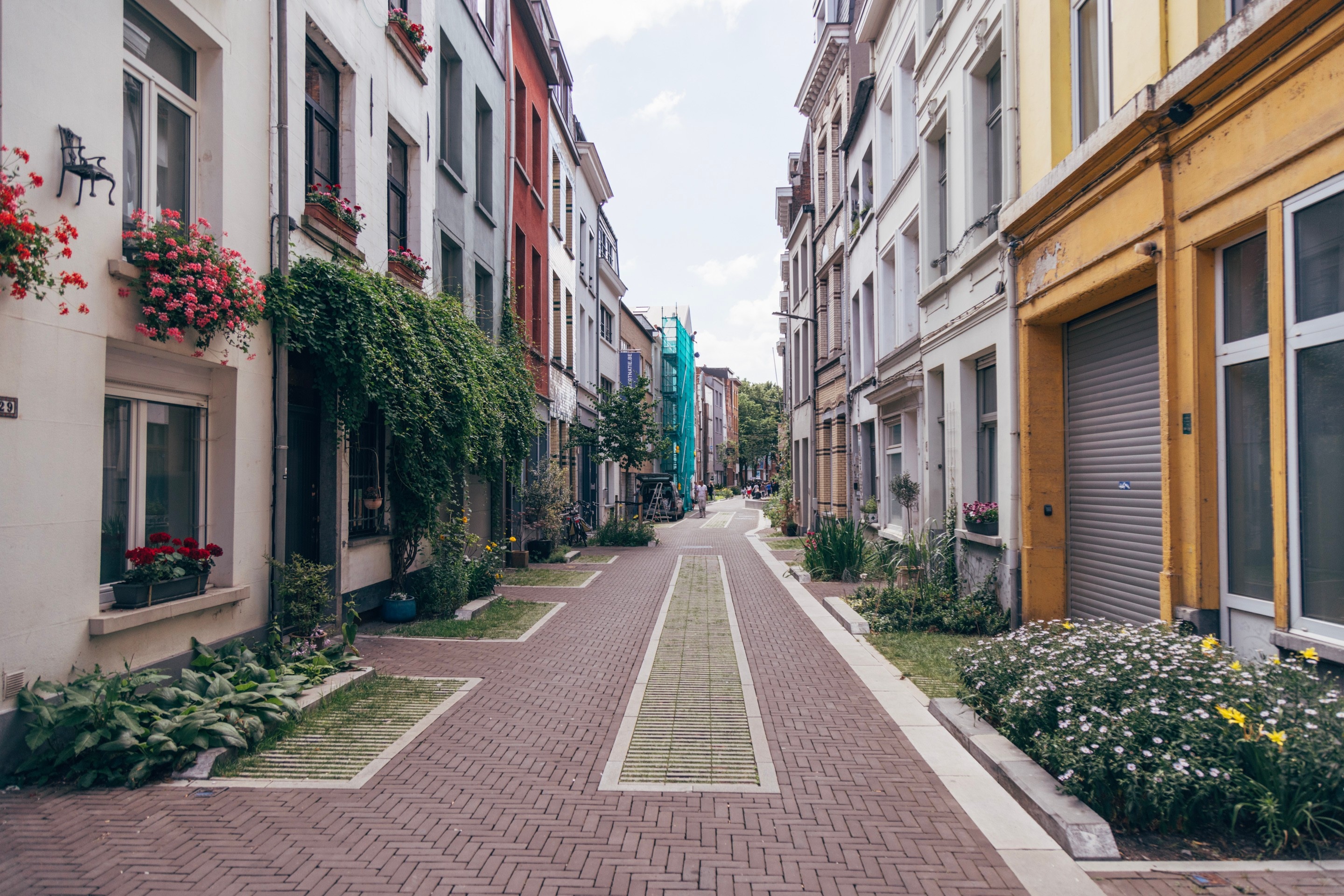 A quiet car-free street lined with neat narrow residential garden and foliage. To the left a chair is suspened in the air as a decoration for someone's home — Antwerp, Belium