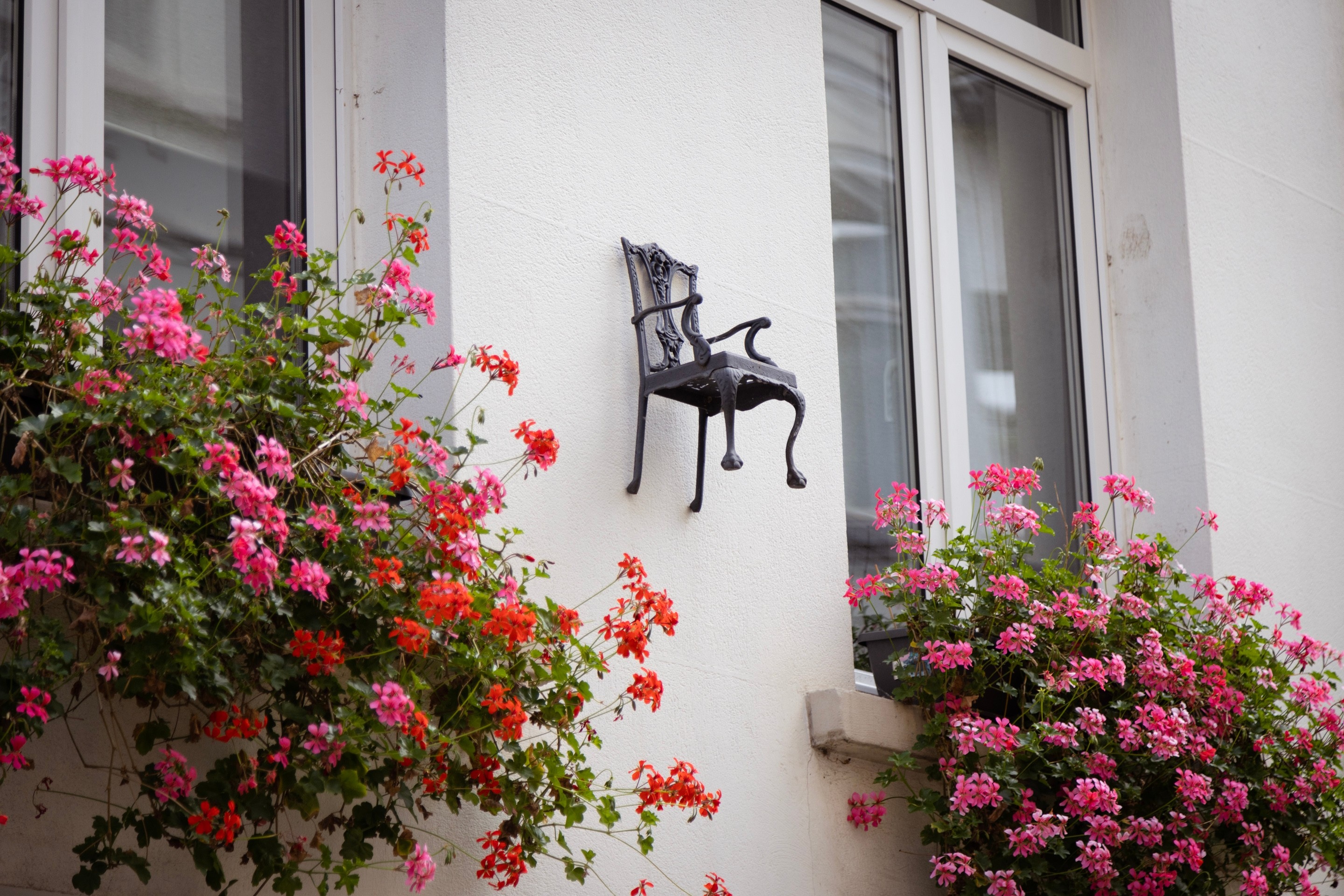 A chair is suspened in the air as a decoration for someone's home, surrounded by pink flowers — Antwerp, Belium 