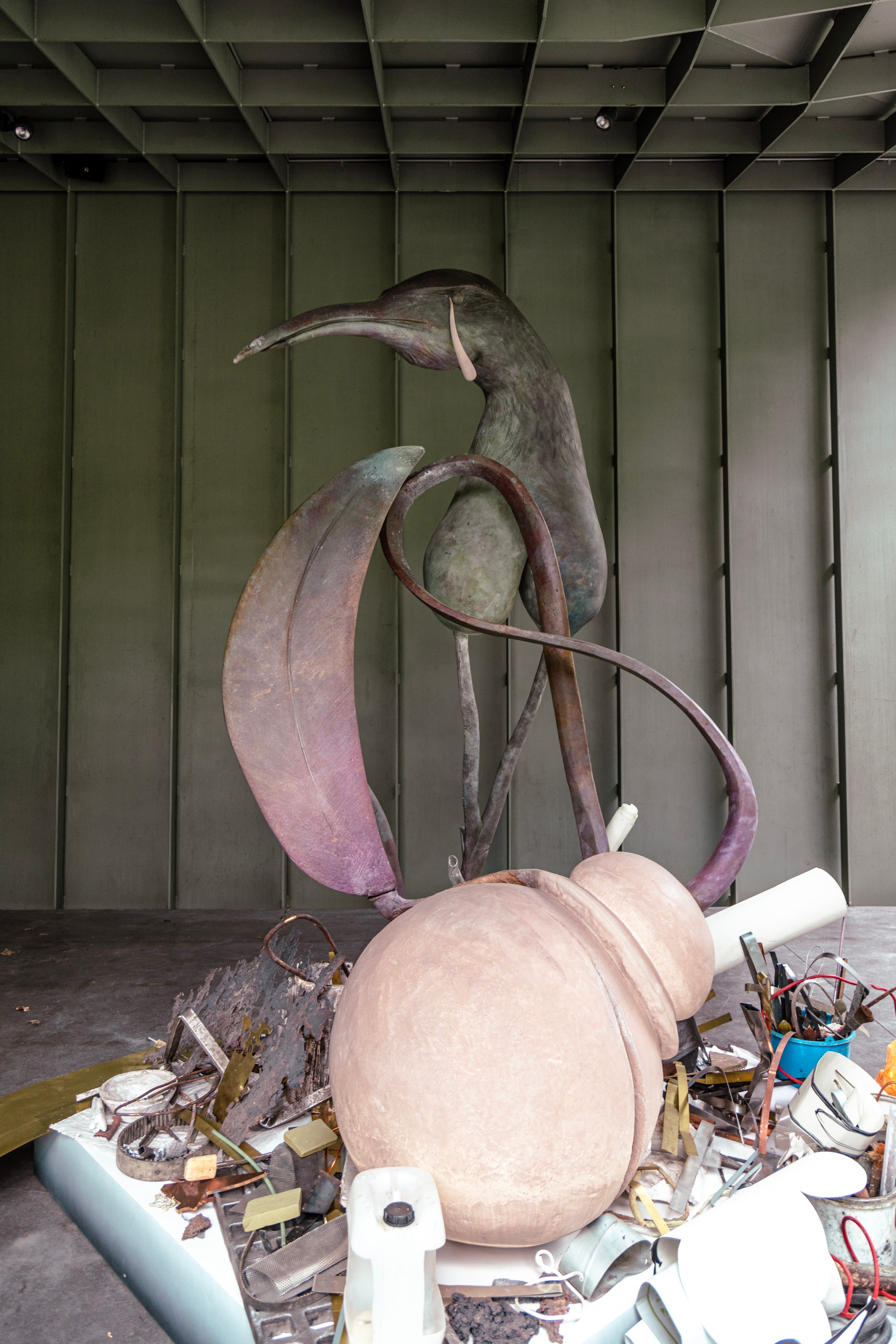 Female bird figure surrounded by rubbish: “3,2,1” by Camille Henrot — Middelheim Museum, Antwerp, Belgium