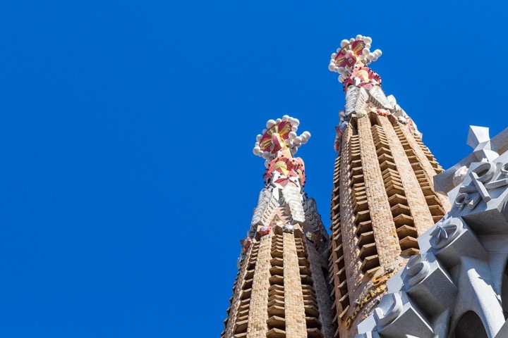 Close-up of the towers above the Passion Facade entrance of La Sagrada Familia